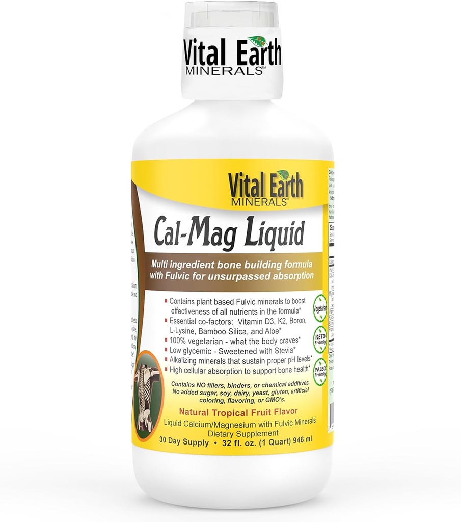 Vital Earth Minerals Cal-Mag Liquid - 비타민 D3, K2, Boron 및 Faster Absorption 용 Fulvic Acid, 32 Oz + 1 Oz Cup이있는 칼슘 마그네슘 보충