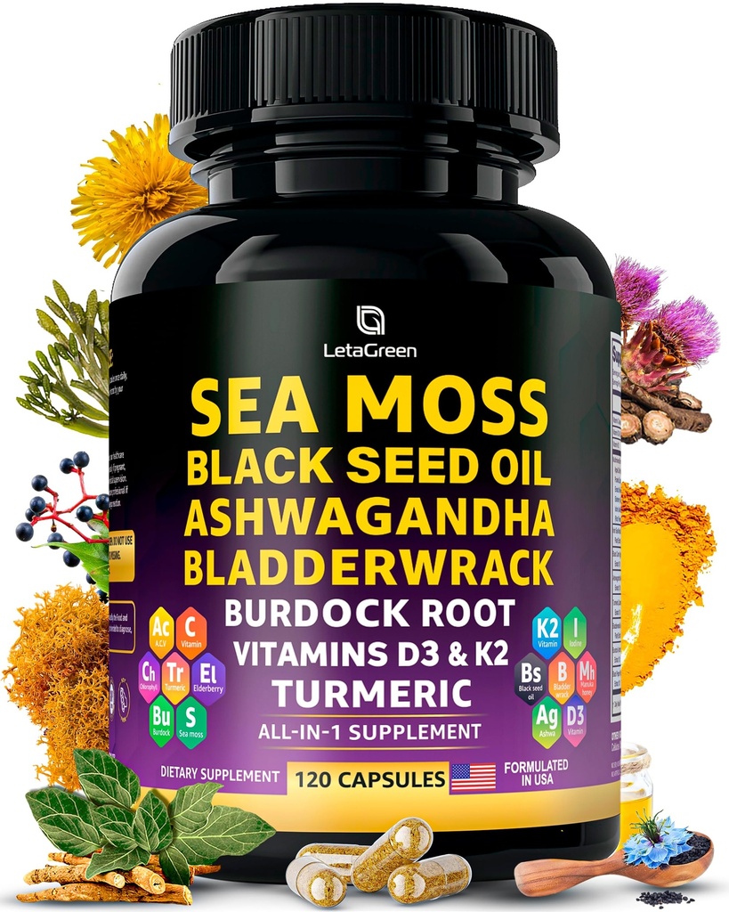 바다 모스 캡슐 – 17-in-1 블랙 씨 오일 Ashwagandha Bladderwrack Burdock Root Turmeric Vitamin D3 K2 C for Daily Wellness – 남성 및 여성용 멀티민 보충 – 120 카운트
