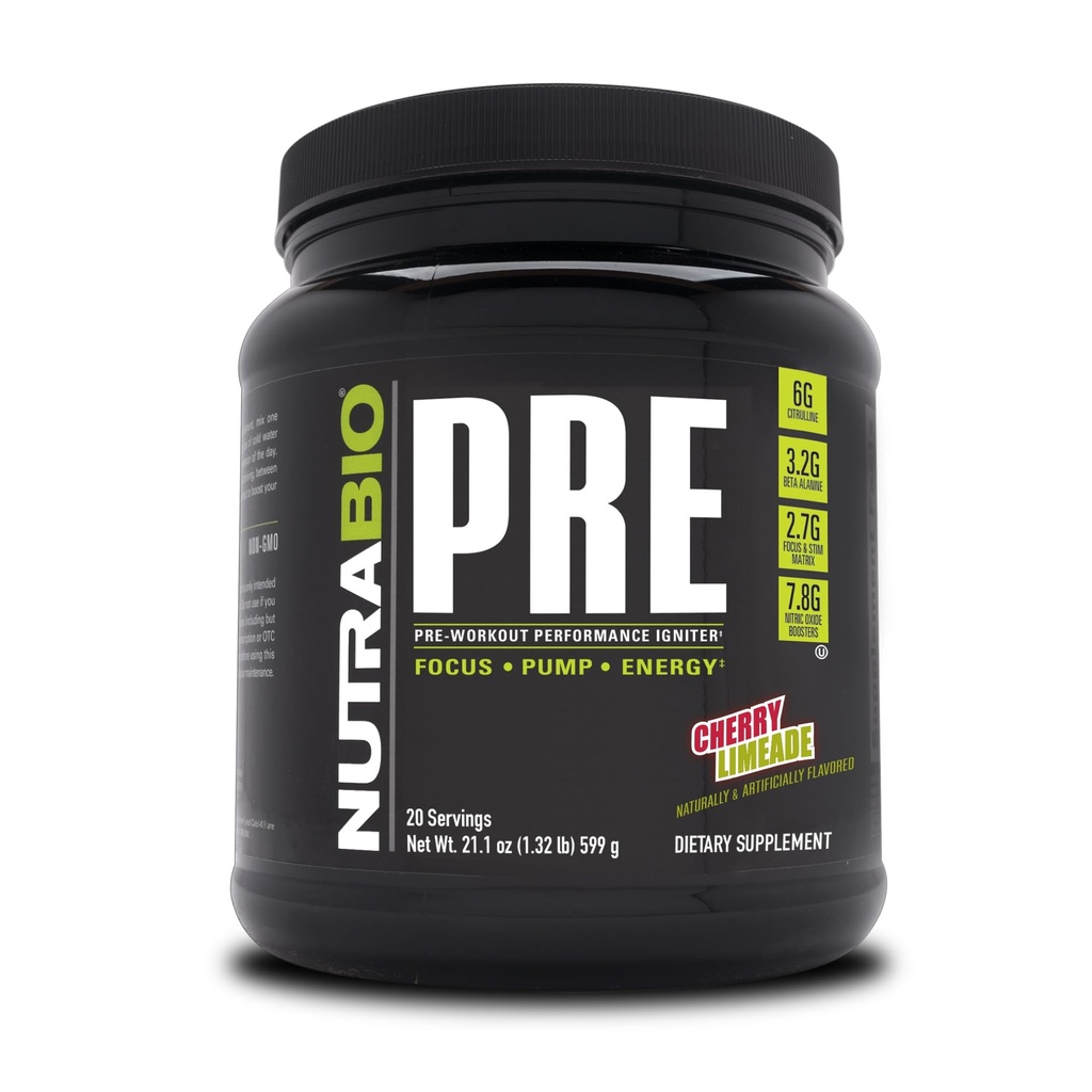 NutraBio PRE 운동 분말 - 오래된 공식 - 지속 에너지, 정신 초점, 내구력 - Beta Alanine, Creatine, Caffeine, Electrolytes - 20 서빙 - Cherry Limeade
