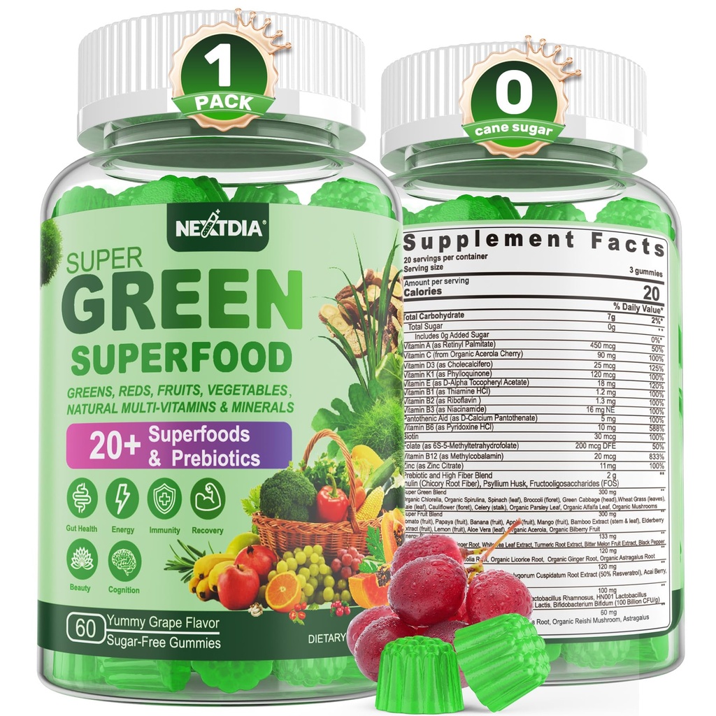 Super Greens Gummies, Greens Superfood Powder Alternative w/Spirulina, Chlorella, Prebiotic Fiber, Probiotic, Fruit Veggie, Digestive & Gut Health, Immunity, Focus, 60 Cts를위한 매일 녹색 야채