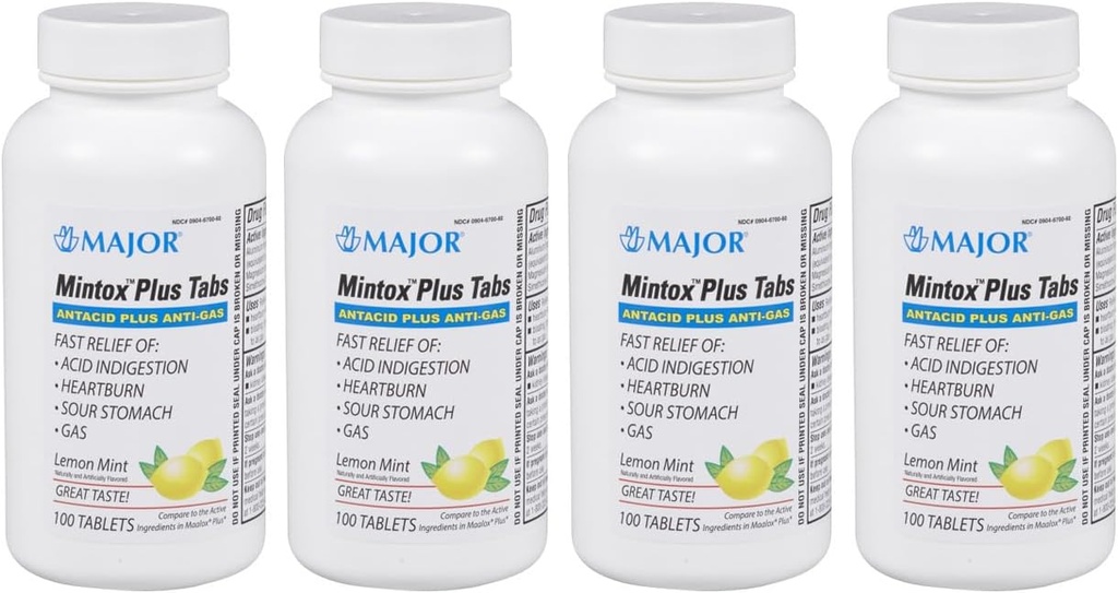 MAJOR Mintox Plus Tabs - Antacid Plus Anti-Gas Tablets - 신속하게 산성 Indigestion, Heartburn, Sour Stomach 및 Gas - 레몬 Mint 맛 - 100 카운트 (4 팩)
