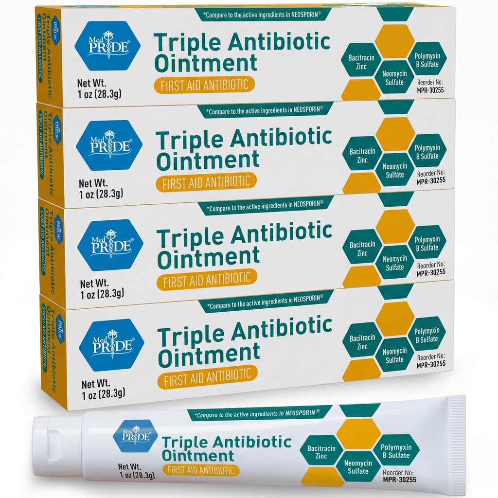 MED Pride Triple Antibiotic Pride Ointment Tube 1 Oz 4-Pack, 아연, 네오미신, 폴리미신과 함께 Minor Wounds, Scratches, Abrasions를위한 응급 처치