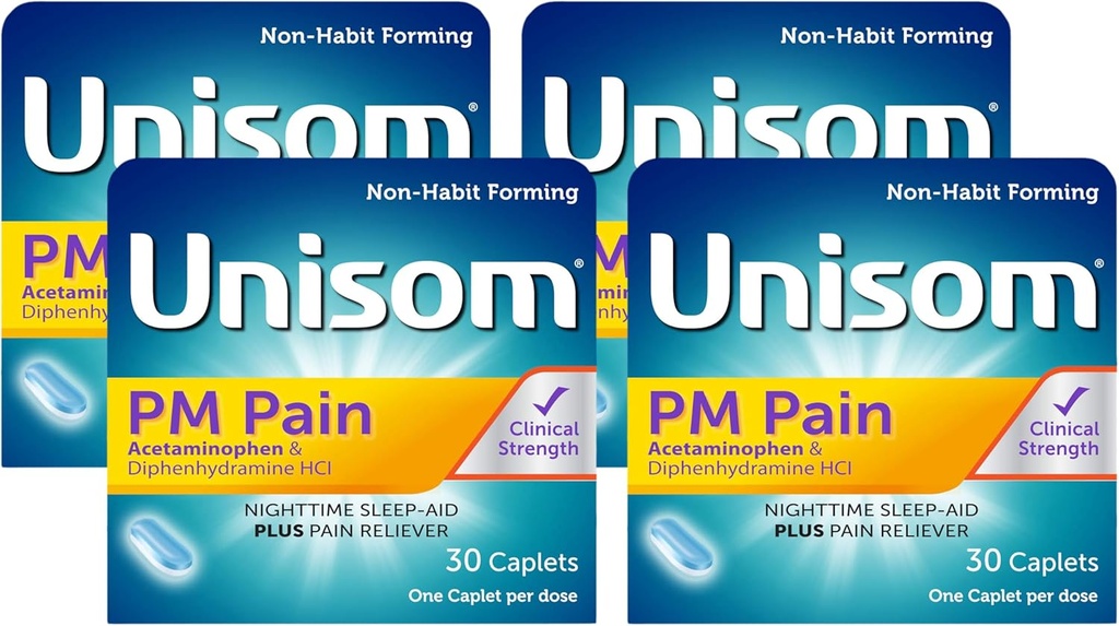 Unisom PM 고통 야간 수면 보조 + 통증 Reliever, Acetaminophen & Diphenhydramine HCI, 30의 모자, 50mg (4의 포장)