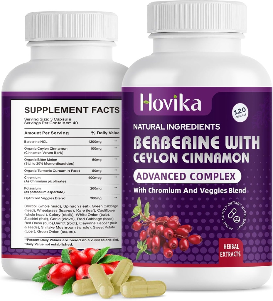 Berberine HCL 캡슐 1200 mg - Ceylon Cinnamon, Chromium, Veggies Blend와 Berberine 보충 - Metabolism 및 Immune System, Gut Health 지원 - 120 ct 삼키기 Vegan 알약에 쉬운