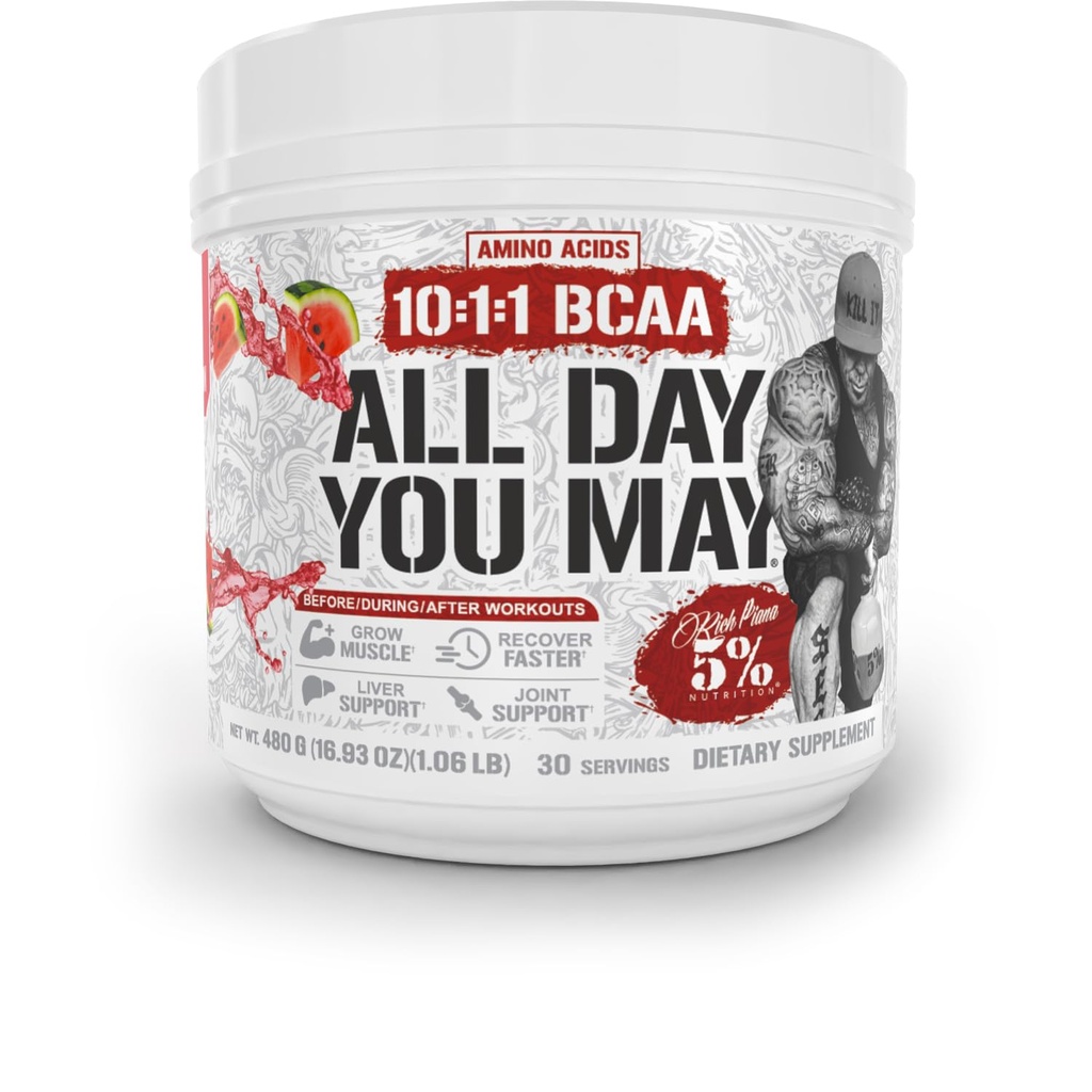 5% 영양 풍부한 피아나 AllDayYouMay BCAA 분말 | 프리미엄 인트라 & 포스트 운동 아미노산, EAA, 일렉트로닉스 | 히드라이즈, 내구시간, 회복 | Vegan & Keto | 16.9 oz, 30 Srvgs (수박)