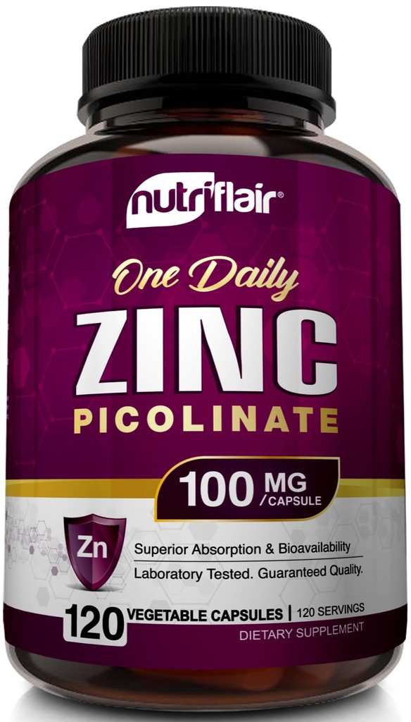 NutriFlair 아연 Picolinate 100mg, 120 캡슐 - Vegan, Non-GMO, 미국에서 만든, 제 3 부 실험실 테스트