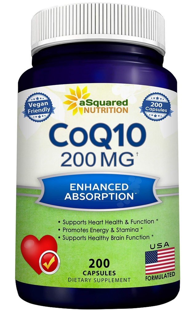 aSquared 영양 CoQ10 (200 캡슐과 200mg) - 높은 흡수 Vegan CO Q-10 분말 - 효소 Ubiquinone 보충교재 알약, 여분 산화 방지제 Coenzyme Q10 비타민, Softgels에 있는 Coq 10 Alernative