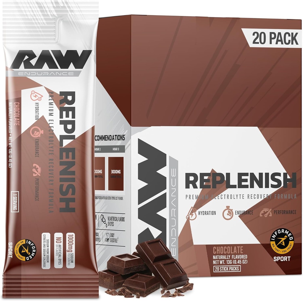 RAW Replenish Packets, Premium Electrolytes Powder Recovery Formula, Chocolate (20 Stick Packs) - Hydration, Replenishment, Endurance 및 Performance Workouts를위한 맛있은 전자 음료 혼합