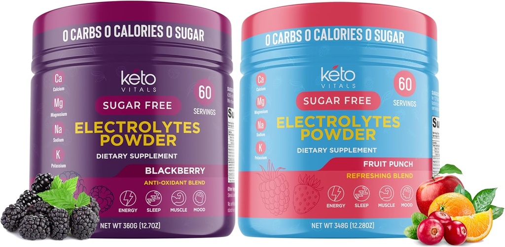 과일 펀치가있는 Keto Vitals BlackBerry 번들 - 2 팩 번들 Keto Electrolytes 분말 - Keto-Friendly Electrolytes 칼륨, 마그네슘, 나트륨, 칼슘 - BlackBerry 및 과일 펀치