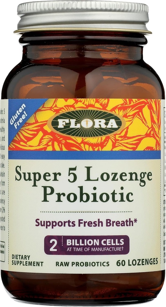 Flora - 슈퍼 5 Lozenge 프로 바이오 틱, 라즈베리 맛 구두 프로 바이오 틱, 나쁜 호흡에 좋은, 2 억 CFU, Regain 및 유지 Gut 건강, RAW, 60 Lozenges