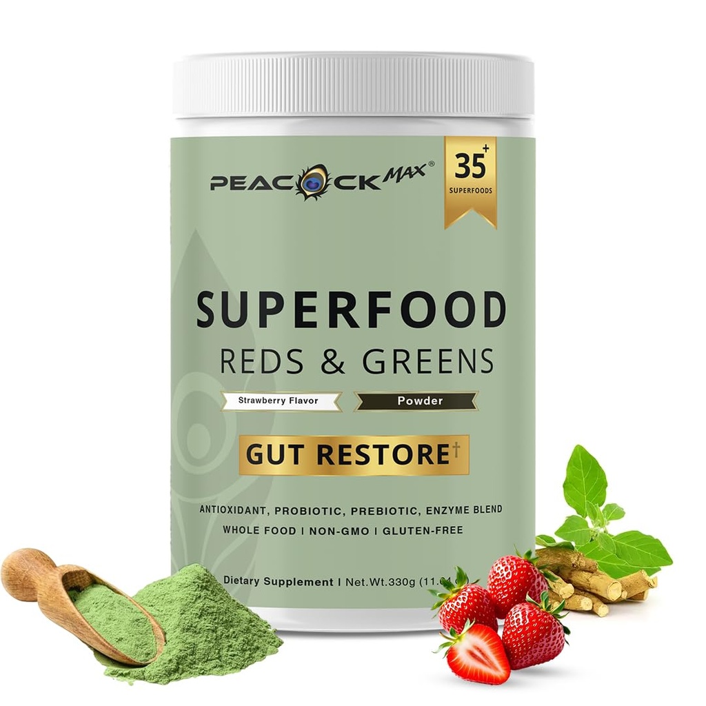 Superfood Reds & Greens Powder - 소화 건강을위한 11.64 oz, Prebiotics & Probiotics, Gut Health, Immunity, Antioxidants, Vegan, Non-GMO를위한 슈퍼 그린 파우더