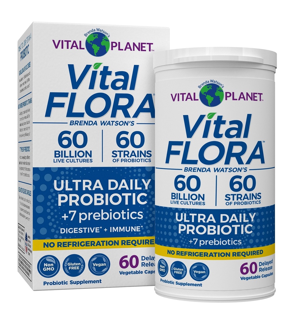 Vital Planet - Vital Flora Ultra Daily Probiotic 60 Billion CFU, 60 Diverse Strains, 7 유기 Prebiotics, Immune 지원, 여성과 남성 60 캡슐에 대한 소화 건강 선반 안정 프로바이오틱스