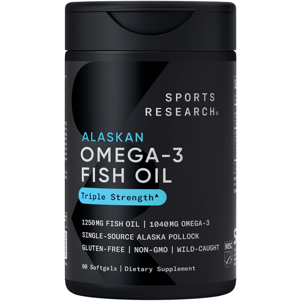스포츠 연구 트리플 힘 Omega 3 물고기 기름 - Burpless 물고기 기름 보충교재 w/EPA & DHA 지방산은 단 하나 근원 야생 알래스카 Pollock에서 - 1250 mg, 90 ct를 강화합니다