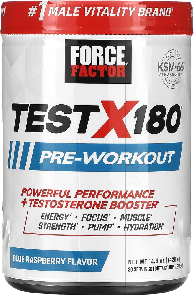 FORCE FACTOR 시험 X180 전 운동 분말 & 에너지 보충교재, Boost 초점 & 내구시간, 건축 근육 & 힘, Ashwagandaha & L-Citrulline, 파란 딸기, 30의 서빙을 가진 산화 보충교재