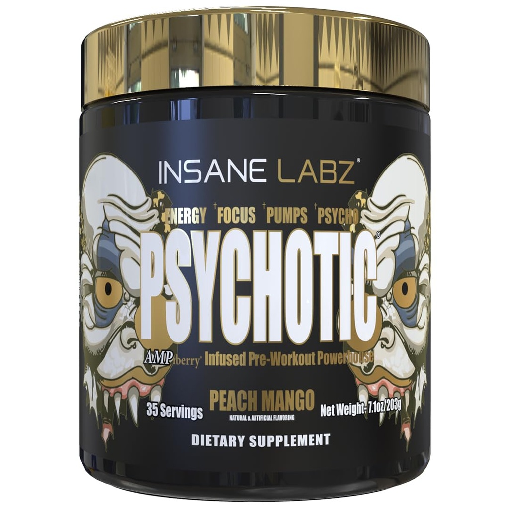 Insane Labz Psychotic Gold, High Stimulant Pre Workout Powder, Extreme Lasting Energy, Beta Alanine, DMAE Bitartrate, NO Booster (35 서빙, 복숭아 망고)와 펌프 및 내구시간