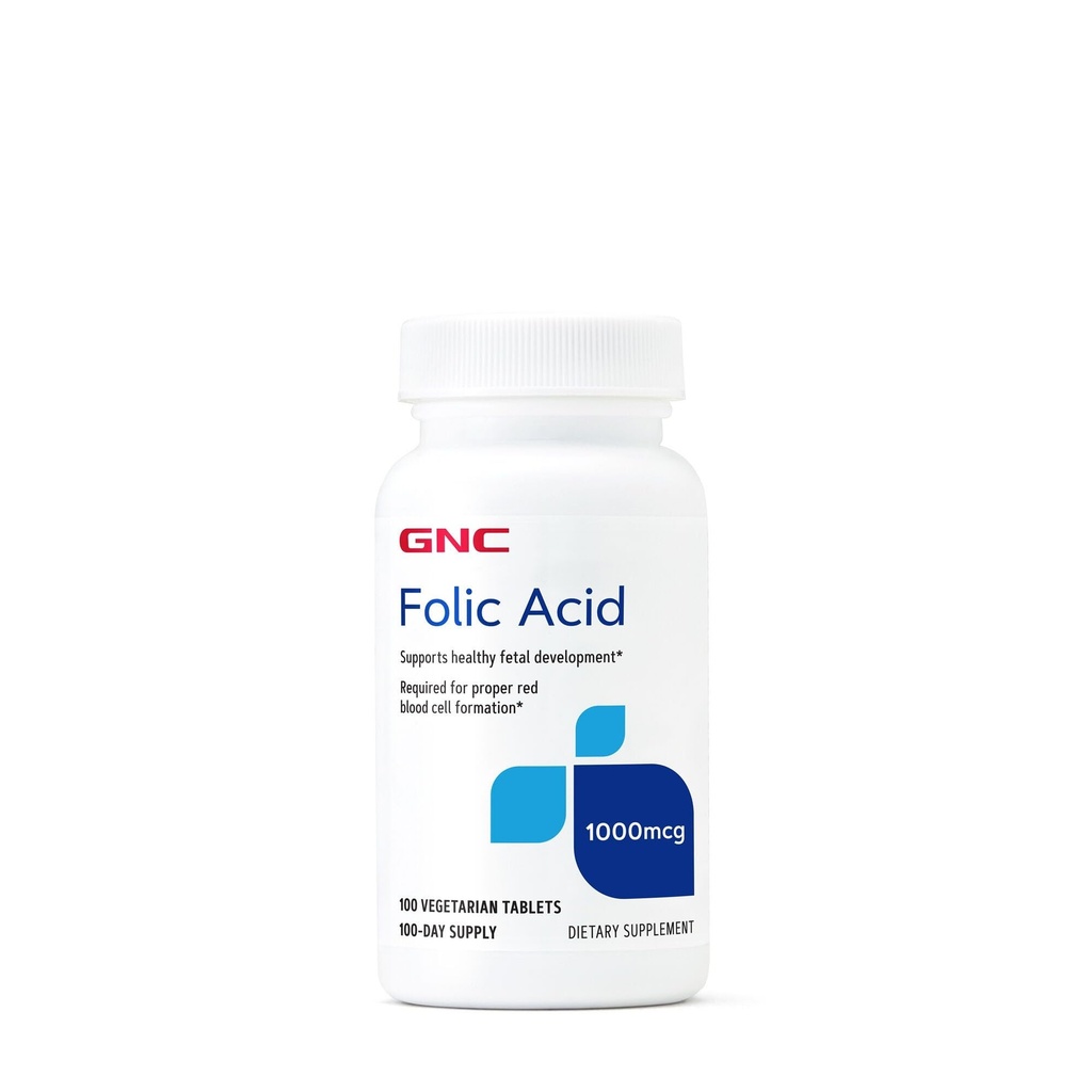 GNC Folic Acid 1000mcg, Proper Red Blood Cell Formation, Vegetarian Formula, 100 카운트에 필요한 건강한 태아 개발 지원