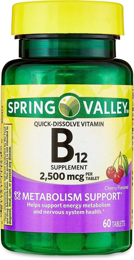조기 비타민 B12 빠른 용해 정제 다이어트 보충교재, 2,500 Mcg, 체리 맛, 일 당 1 정제 60 조사