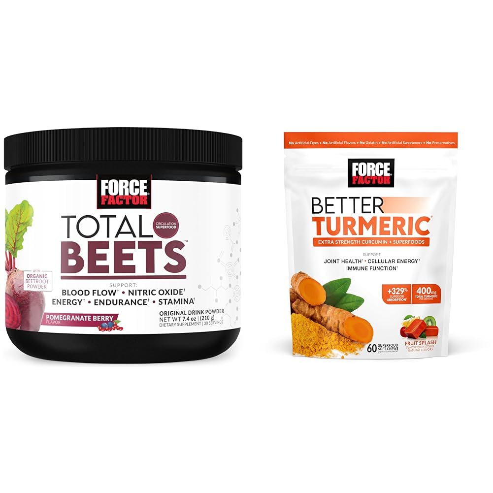 Force Factor Total Beets Nitric Oxide Powder for Circulation and Joint Support Chews with Turmeric Curcumin for Extra Strengths