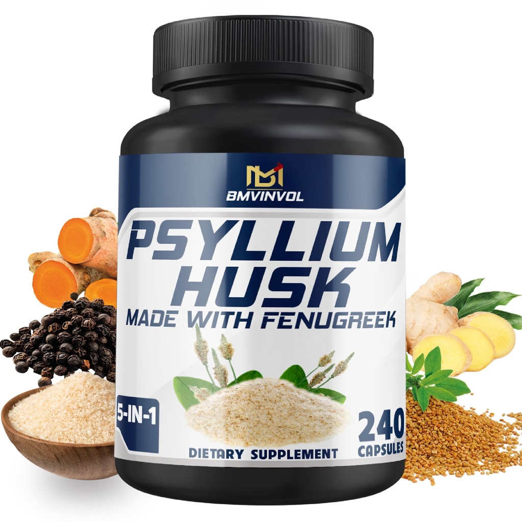 BMVINVOL 심혈관 Husk 캡슐 섬유는 Fenugreek, Turmeric, Ginger, 까만 고추를 가진 보충 - 소화계, Intestinal 건강 - 4 달 공급을 위한 240 조사를 지원합니다