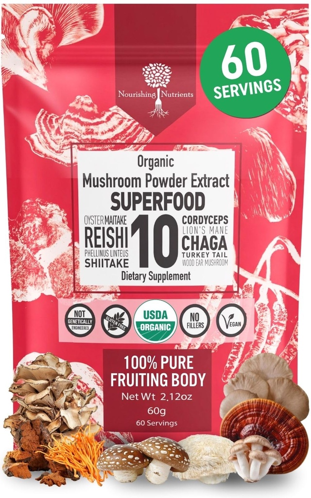 유기 버섯 분말 추출물 -슈퍼 푸드 10 보충교재 14x 더 강한 100% 순수한 USDA 면제 승압기 Reishi, Chaga, Cordyceps, Shiitake, Lions Mane, 터키 꼬리 및 더 많은 것. 커피/차에 추가 60 그램
