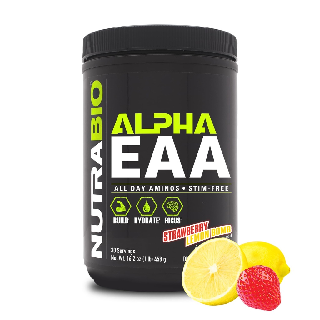 NutraBio 알파 EAA - 근육 성장을 위한 모든 일 아미노산 및 Hydration - Nootropics & Adaptogens를 가진 근본적인 아미노산 - 가득 차있는 스펙트럼 EAA BCAA 분말 - 30 봉사 - 딸기 레몬