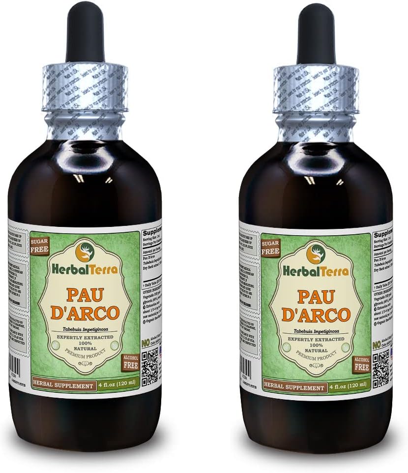 PAU d'arco (Tabebuia Impetiginosa) Glycerite, 말린 Bark 알콜 자유로운 액체 추출물 (브랜드 이름: HerbalTerra, 미국에서 Proudly 만든) 2x4 fl.oz (2x120 ml)