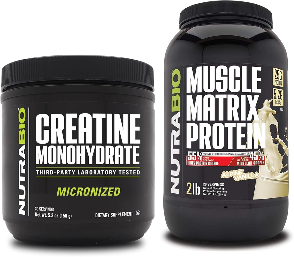 NutraBio Creatine Monohydrate, Unflavored, (150 g) 및 근육 매트 단백질 분말, (Vanilla) 보충 번들 - 근육 에너지, 최대 성장, 회복 및 힘