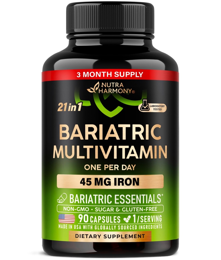 Bariatric Multivitamin - 45 mg Iron Supplements - Made in USA - 여성 및 남성 - 올인원, 21 Essential Vitamins - 위장 소매 지원 - 설탕, 글루텐 & 콩 - 90 캡슐, 일일