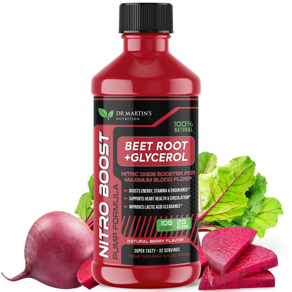 DR. MARTIN'S NUTRITION NitroBeet 12,000mg Beet Root + 혈류, 펌프 및 내구시간 용 글리세롤 | 심장 건강 및 순환 지원 | 남성 및 여성을위한 천연 Beetroot 보충
