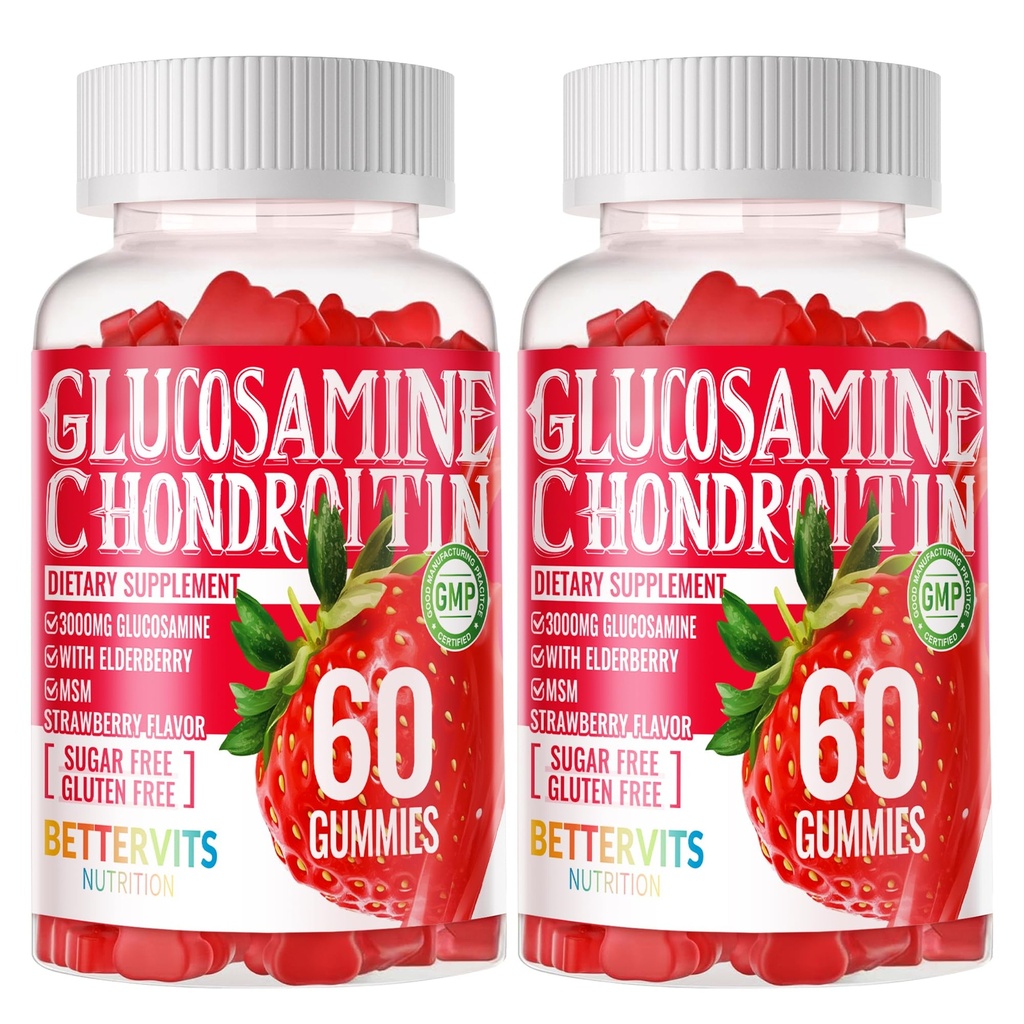 Glucosamine Chondroitin Gummies MSM 및 Elderberry 여분 힘 - 합동 지원, 성인, 남자 & 여자를 위한 산화 면역성이 있는 면역성이 있는 지원 보충교재. 120 딸기 Gummies