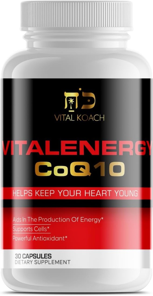Vitalenergy CoQ10 Ubiquinone 200mg의 30의 캡슐, 지원 심장 혈관 건강, 세포 에너지 생산, 및 산화 방지제, 백색/빨강/검정