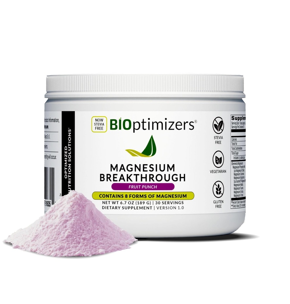 BIOptimizers 마그네슘 Breakthrough 음료 - 마그네슘, 일체형, 수면 건강, 스트레스, 근육 회복, 심장 지원의 8 가지 형태 | 글리세린, 감귤류, 말레이트 - 과일 펀치