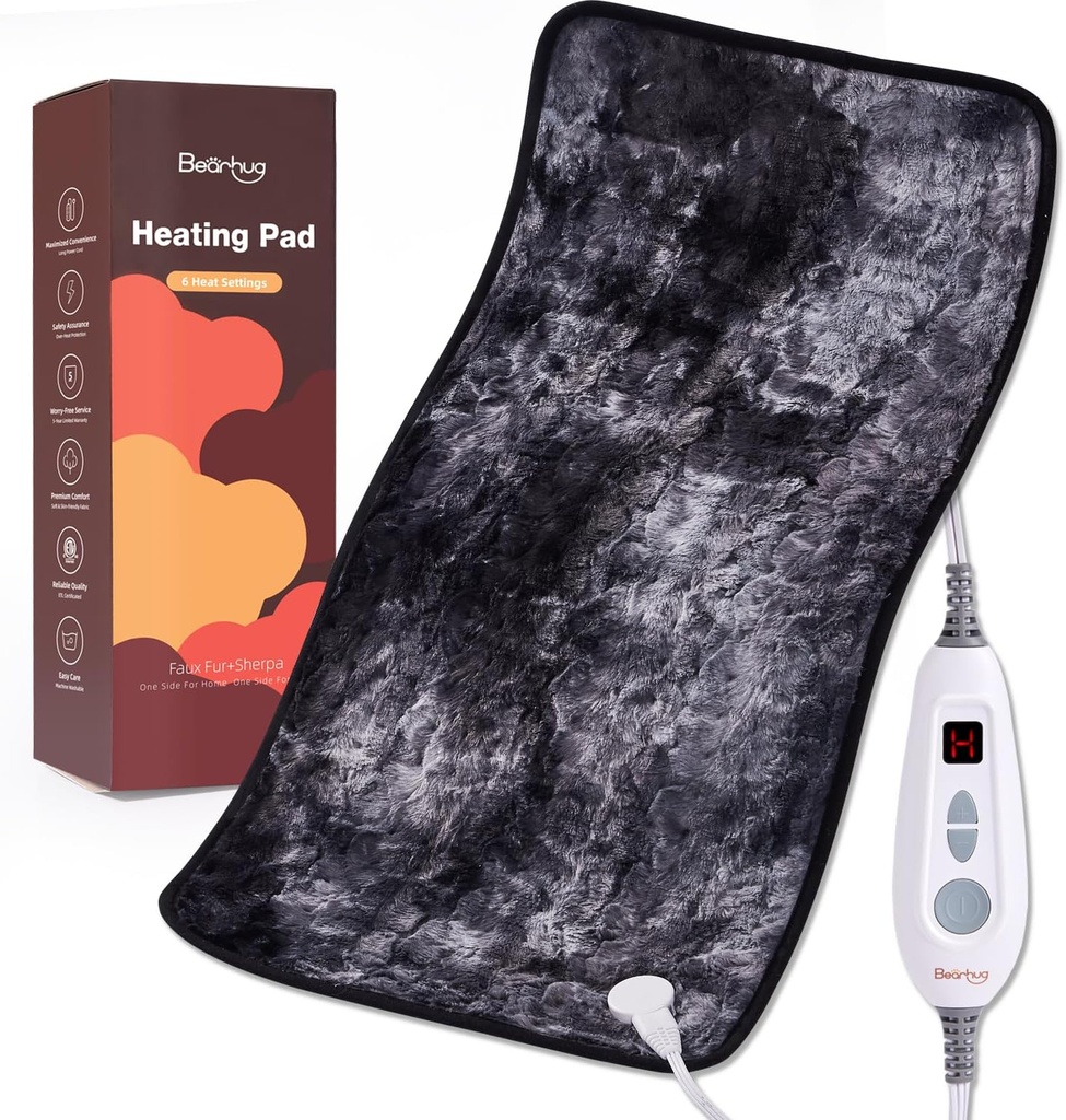 Bearhug XXL 전기 격렬한 패드 17" x33" 두 배 Sided 가짜 모피 난방 패드, 6 열 수준, 2-Hour 자동 떨어져, 허리 통증 기복, 기계 빨 수 있는, ETL를 위한 안개 & 건조한 열 치료 - 선물 상자