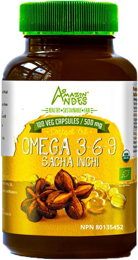 Andes Sacha Inchi 오일 캡슐 - 오메가 3, 6 및 9의 소스 - 필수 지방산의 건강 소스 - Vegan, Non-GMO, Allergen-free & 글루텐 무료 - 100 Softgel 알약 (500mg) - 페루에서 만든