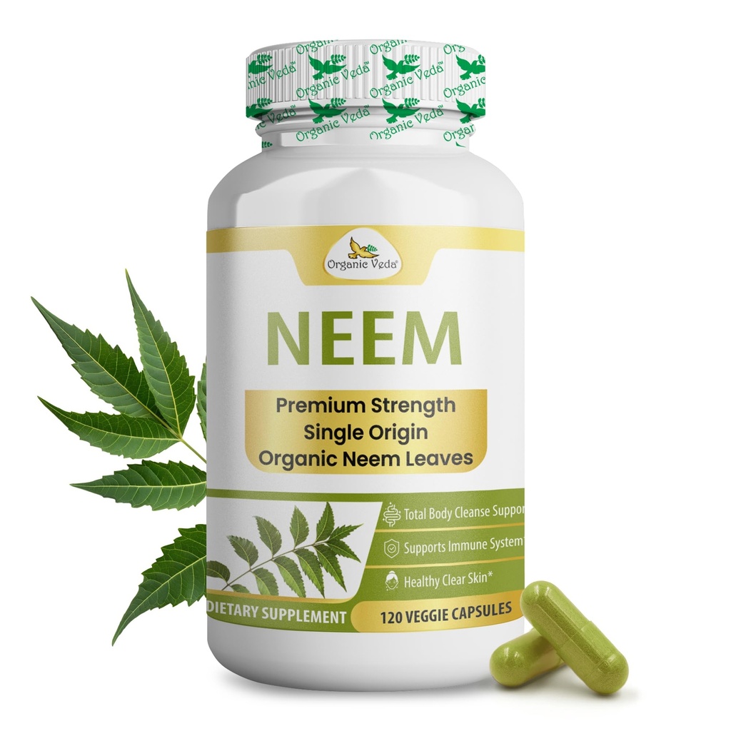 유기 Veda Neem 캡슐, 1000mg - Ayurvedic 인도 Neem 잎 분말로 만든 유기 초본 보충 - 지원 레이디언트 피부, 면역, 해독, 건강한 염증 응답 - 120 Veggie 캡슐