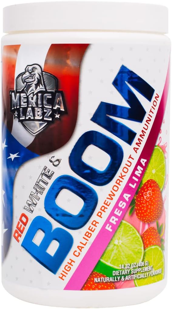 'Merica Labz Red, White 및 Boom, VasoDrive-AP®, 350mg Caffeine, Max Energy, Pump 및 Focus, 증가 된 혈액 흐름 및 근육량, 20 서빙 (Fresa Lima)