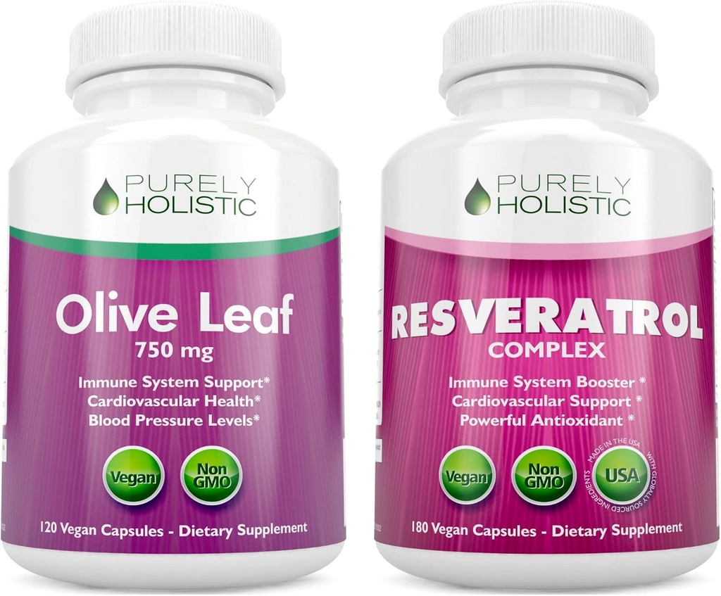 Purely Holistic 올리브 잎 추출물 750mg + Resveratrol Complex 1450mg - 300 Vegan 캡슐 - 미국에서 만드는