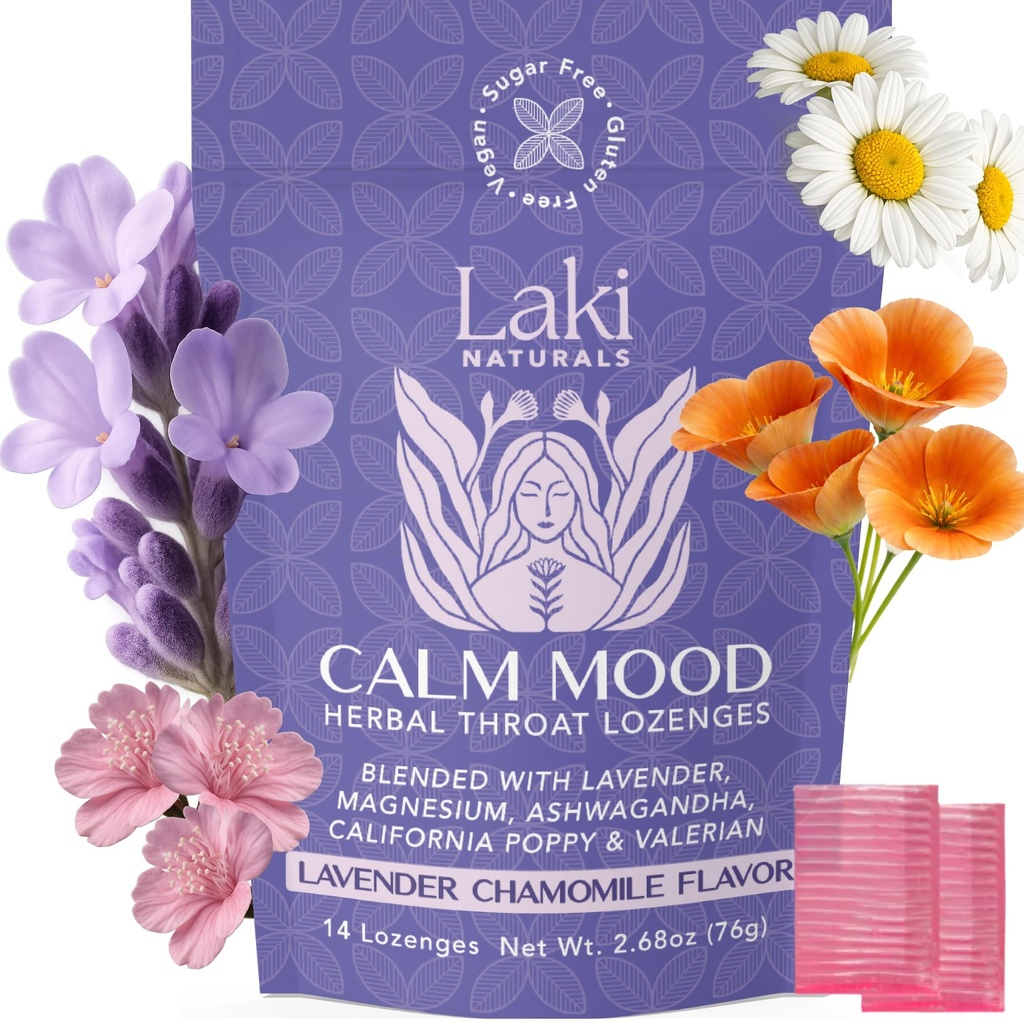 Laki Naturals Lavender Chamomile Calm Mood Functional Herbal Lozenges (14ct) Throat & Magnesium, Ashwagandha, California Poppy & Valerian과 함께 하드 캔디. Vegan, 설탕 무료, 글루텐 무료