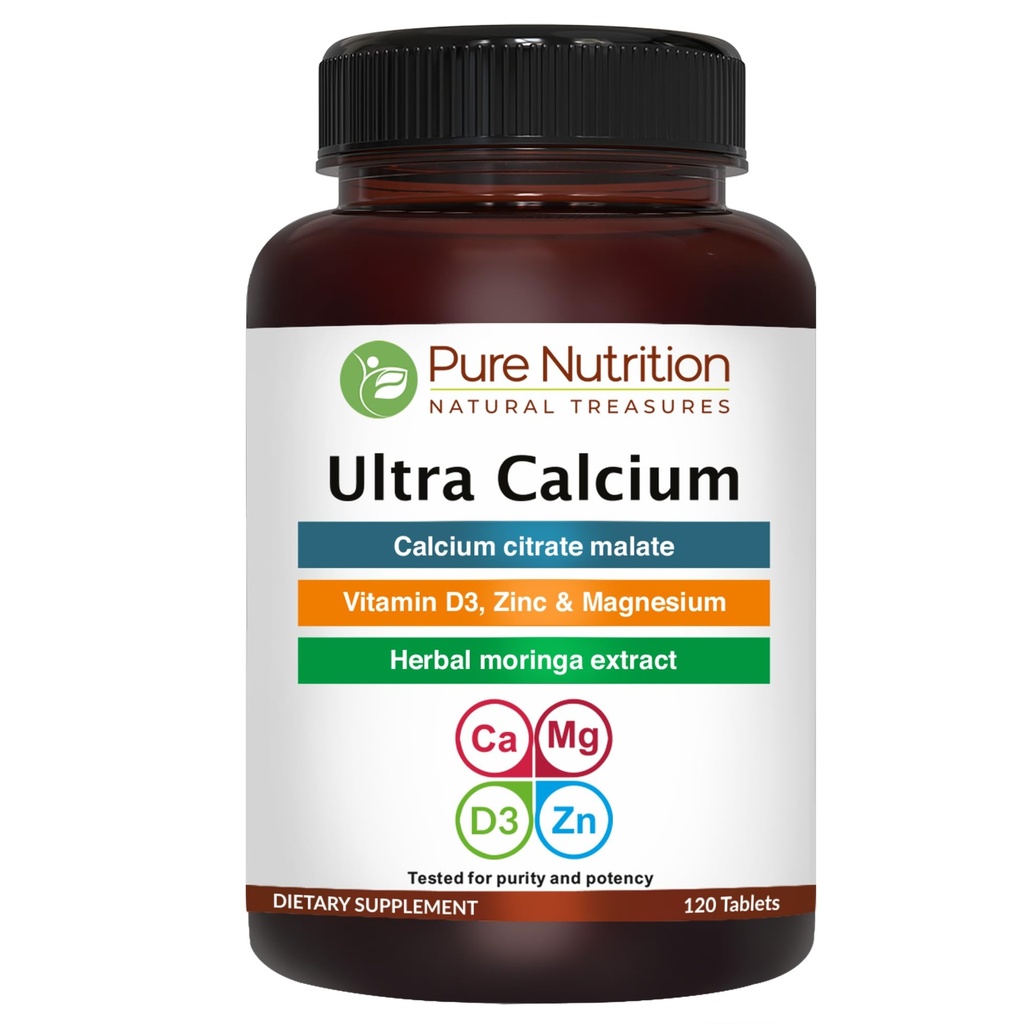 VIT D3 + K2를 가진 순수한 영양 매우 칼슘 1000mg | 120 탭 | 칼슘 Citrate Malate, VIT D3, K2, Moringa Oleifera, 마그네슘 및 아연을 가진 높게 흡수가능한 칼슘 보충교재.