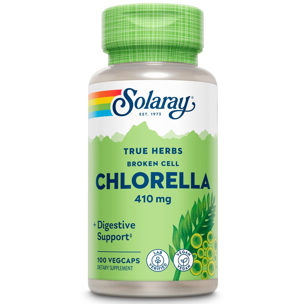 SOLARAY Broken Cell Chlorella 410 mg | 영양소 슈퍼 푸드 w/Naturally Occurring Protein, 비타민, 미네랄, 클로로필 | 비 GMO | 100 VegCaps