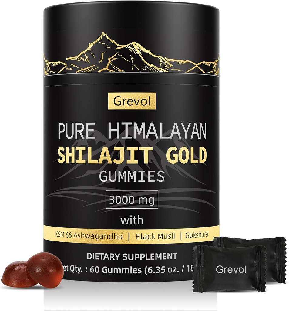 Himalayan Shilajit Gummies : Ashwagandha Fulvic Acid & 85 + Trace Minerals와 Gold Grade Shilajit - 추가 설탕 없음 - 개별적으로 포장 - 남성 및 여성 - 60 Gummy