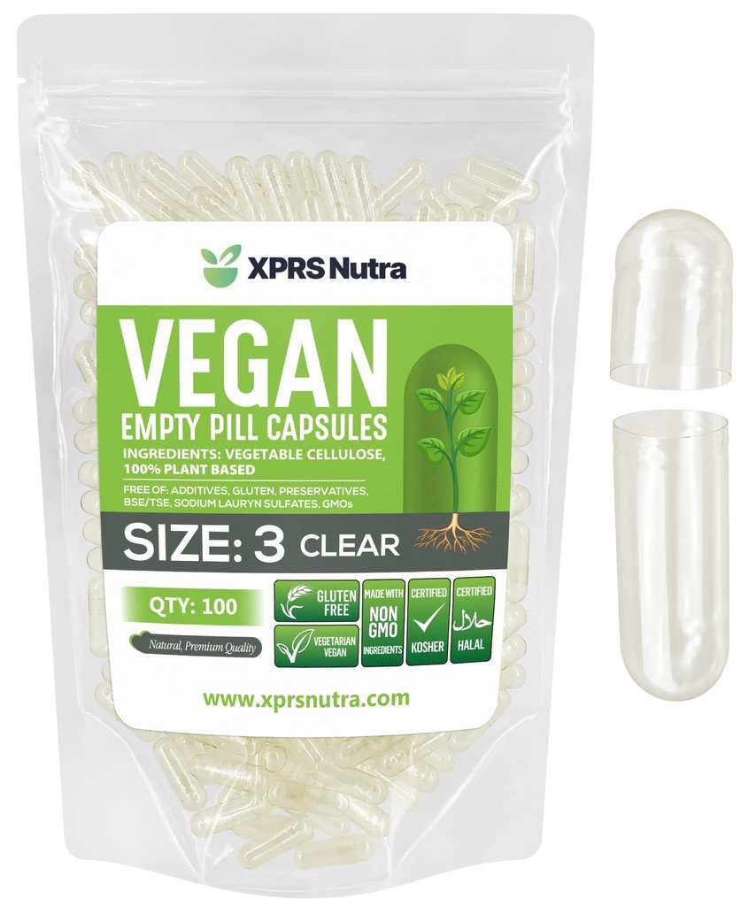 XPRS Nutra 크기 3 빈 캡슐 - 100 개 명확한 빈 채식 캡슐 - 채식 알약 - DIY 야채 캡슐 충전 - Veggie Pill Caps