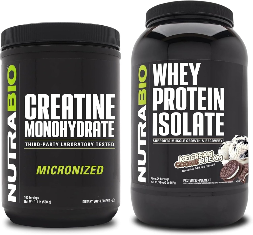 NutraBio Creatine Monohydrate, Unflavored, 500g 및 Whey Protein Isolate, 아이스크림 쿠키 드림, 보충 번들 - 근육 에너지, Lean 근육 성장, 회복 및 힘