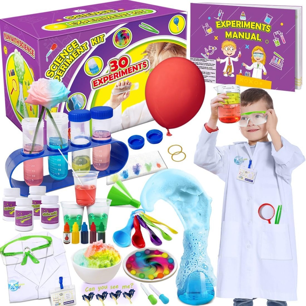UNGLINGA 30 Experiments Science Kit for Kids with Lab Coat, Chemistry Set STEM Toys Birthday Gifts for Boys Girls, 과학 의상 롤 플레이 도구 교육 학습 세트