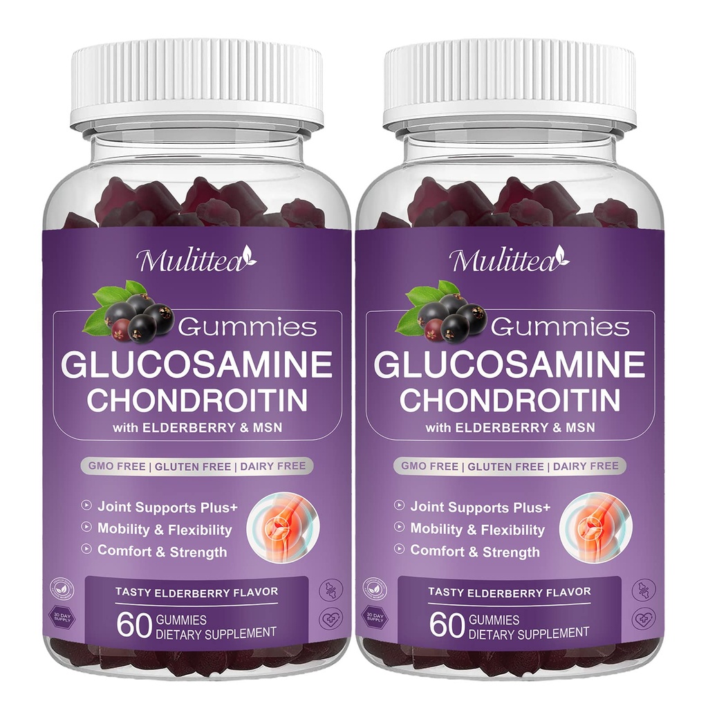 Mulittea Glucosamine Chondroitin Gummies - MSM 및 Elderberry를 가진 여분 힘 합동 지원 보충교재, 성인, 남자 & 여자 (2 팩)를 위한 산화 방지제 면역성이 있는 지원