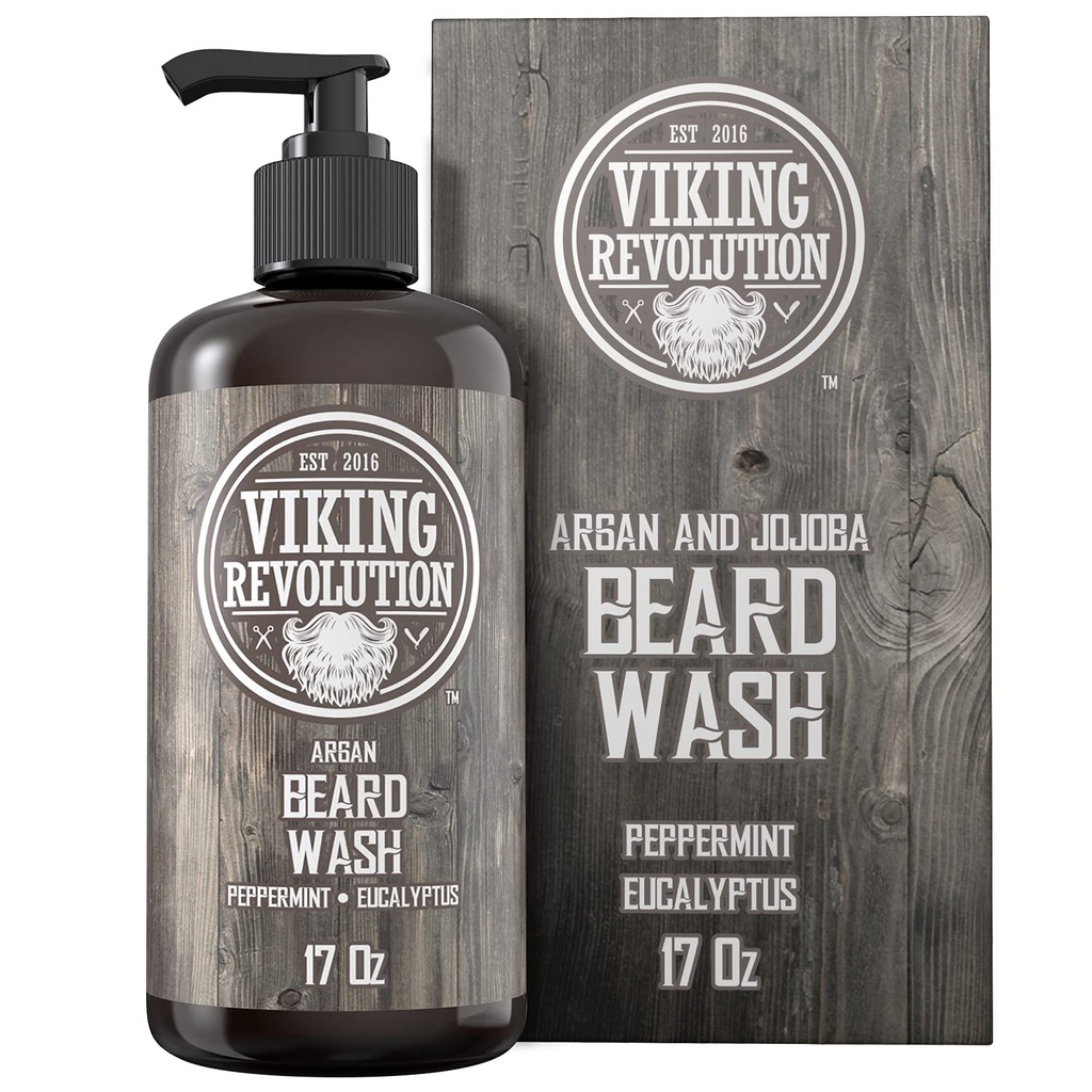 Beard Wash 샴푸 w/Argan & Jojoba 오일 - Softens & Strengthens - Natural Peppermint 및 Eucalyptus Scent - Beard 샴푸 w/Beard Oil (17 oz 샴푸)