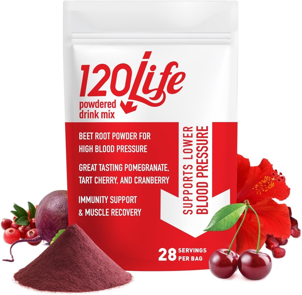 120LIFE 혈압 지원, Pomegranate 분말, Cranberry 보충교재, Tart Cherry, Hibiscus 및 마그네슘 (28 인분)와 자연적인 소금 뿌리 분말 음료 혼합 - 글루텐 자유로운, Vegan
