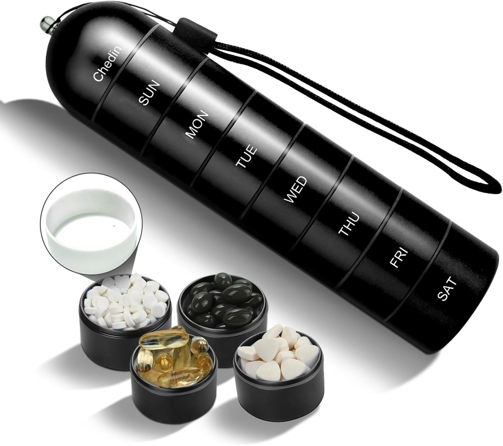 주간 알약 주최자, 7 일 추가 큰 용량 알약 상자 케이스, 알약 홀더 컨테이너, 방수 및 대형 Compartment for Holding Supplements, 비타민, 생선 기름 및 의약품 (블랙)