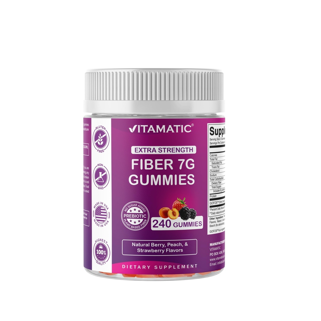 성인, 7G 추가 강도, Zero Sugar 추가, 240 Pectin 기반 Gummies, 소화 건강 및 정기적 인 지원을위한 Vitamatic Prebiotic 섬유 Gummies