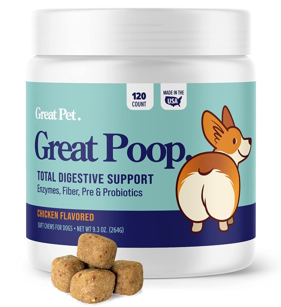 개를위한 훌륭한 Poop Probiotics - Dogs Supplement에 대한 섬유는 Dog Probiotics와 건강한 Gut, Firm Stool & Diarrhea Relief를위한 소화 효소 - Prebiotics와 닭고기 풍미있는 애완 동물 Soft Chews